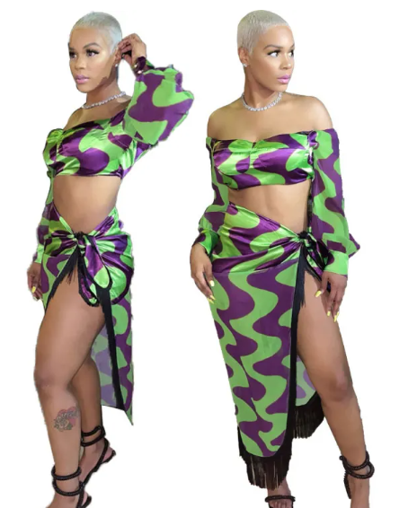 Off Shoulder Long Sleeve Crop Top with Tassel Wrap Skirt Set Castello Clothing Line