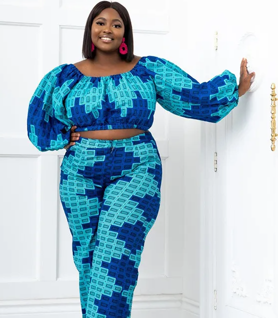 Plus Size Off Shoulder 2-Piece Pants Set with Long Puff Sleeves and High Waisted Pants Castello Clothing Line