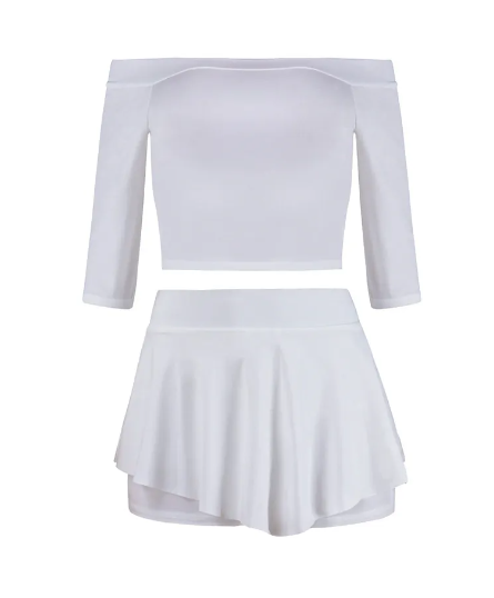 Pixie White Off-Shoulder Crop Top & Skort Set Castello Clothing Line