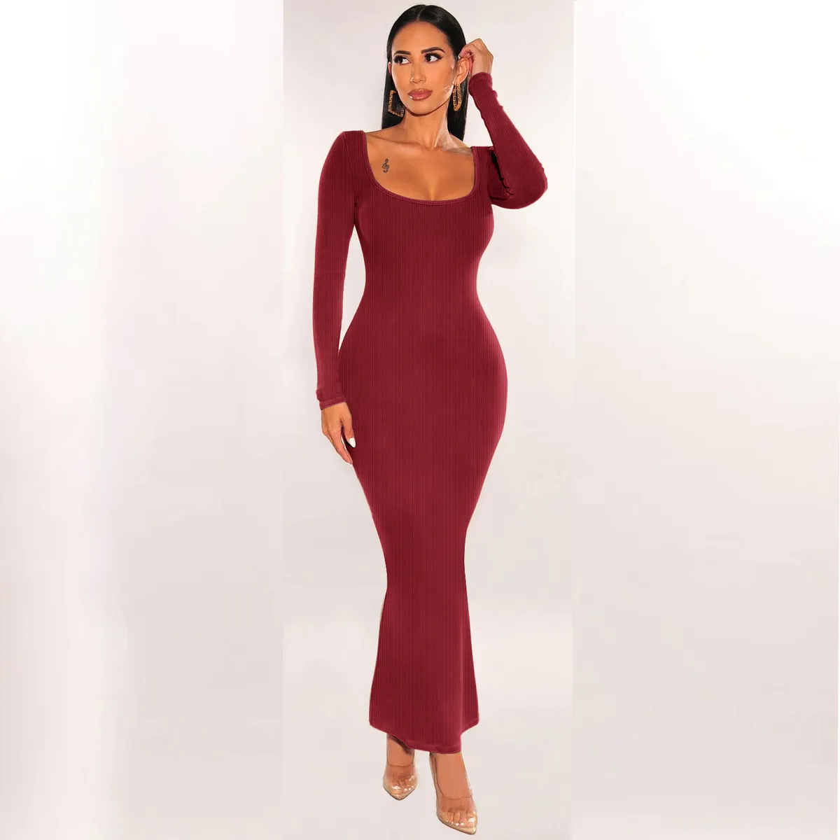Nerina Ribbed Scoop Back Long Sleeve Bodycon Maxi Dress maxi dress Castello Clothing Line