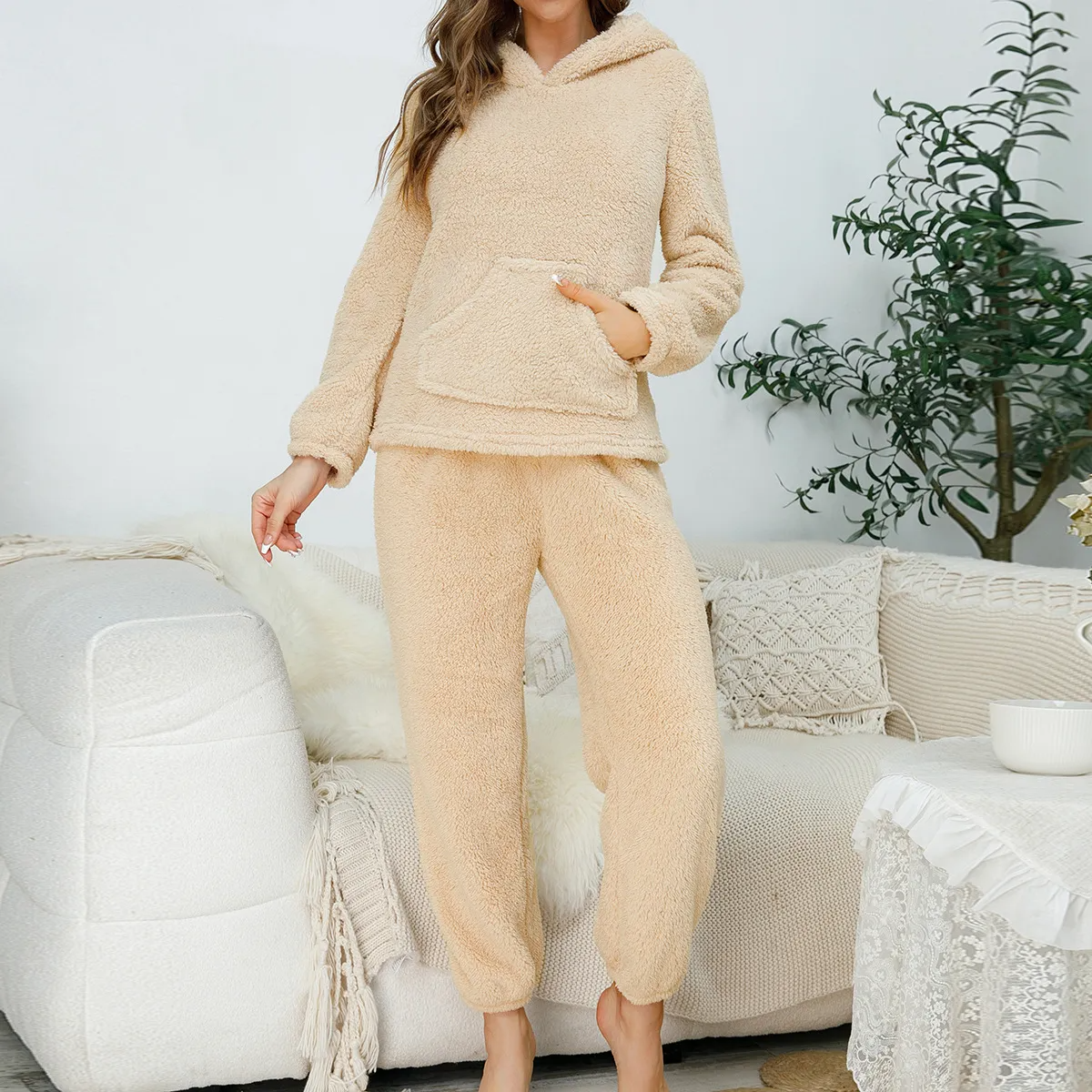 Cozy Haven Sherpa Hoodie and Jogger Lounge Set Castello Clothing Line