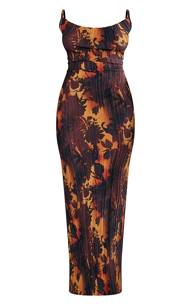 Nimue Sleeveless Floral Print Pleated Bodycon Maxi Dress maxi dress Castello Clothing Line