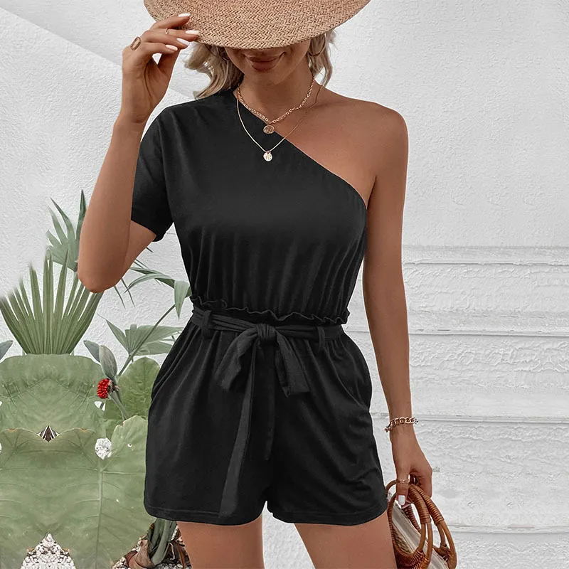 Stolen Glances One-Shoulder Belted Romper Castello Clothing Line