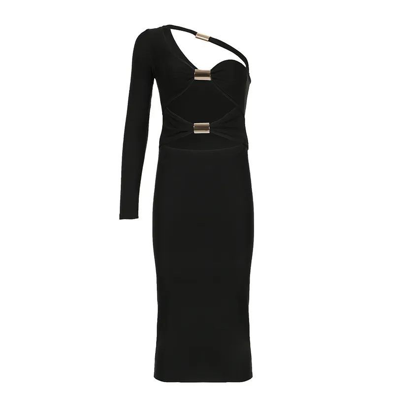 Rena Cutout One-Sleeve Metal Accent Midi Dress midi dress Castello Clothing Line