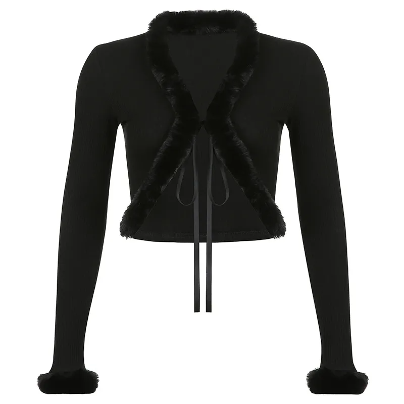 Fuzzy Feelings Tie-Front Ribbed Cardigan Castello Clothing Line