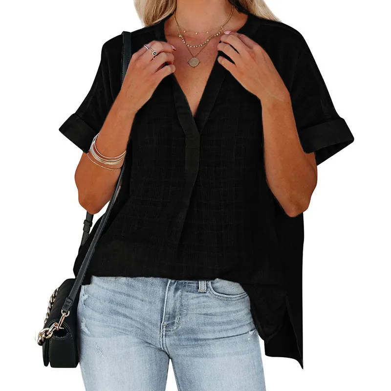 Reign Short Sleeve Textured Split V-Neck Blouse Castello Clothing Line