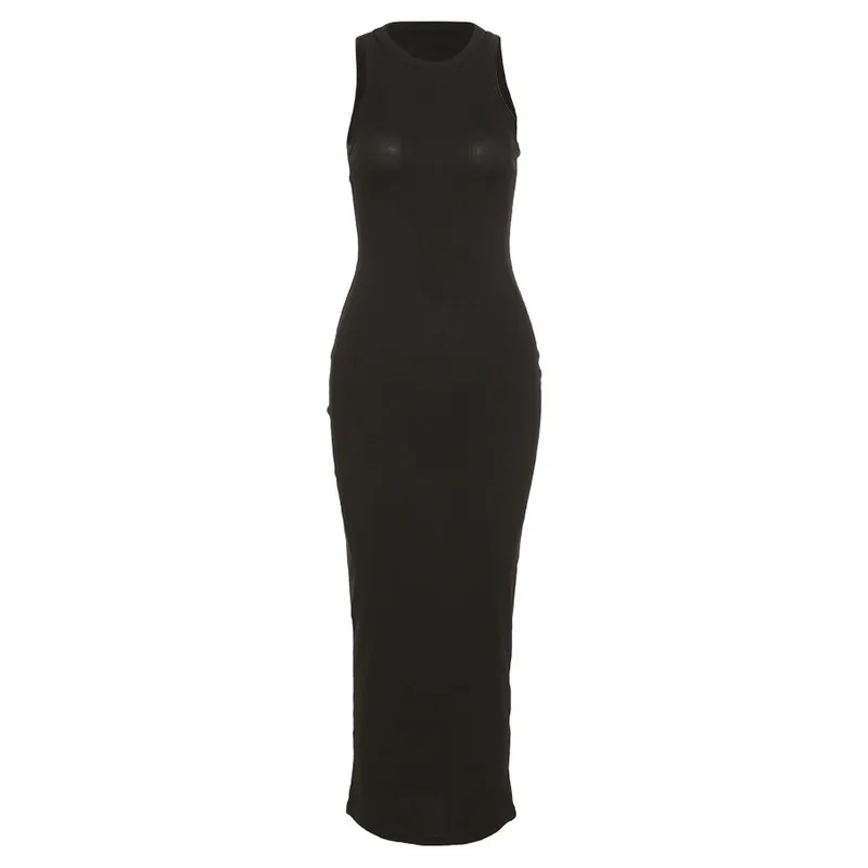 Long Sleeveless Bodycon Dress in Solid Color - Slim Fit - Polyester/Spandex Castello Clothing Line