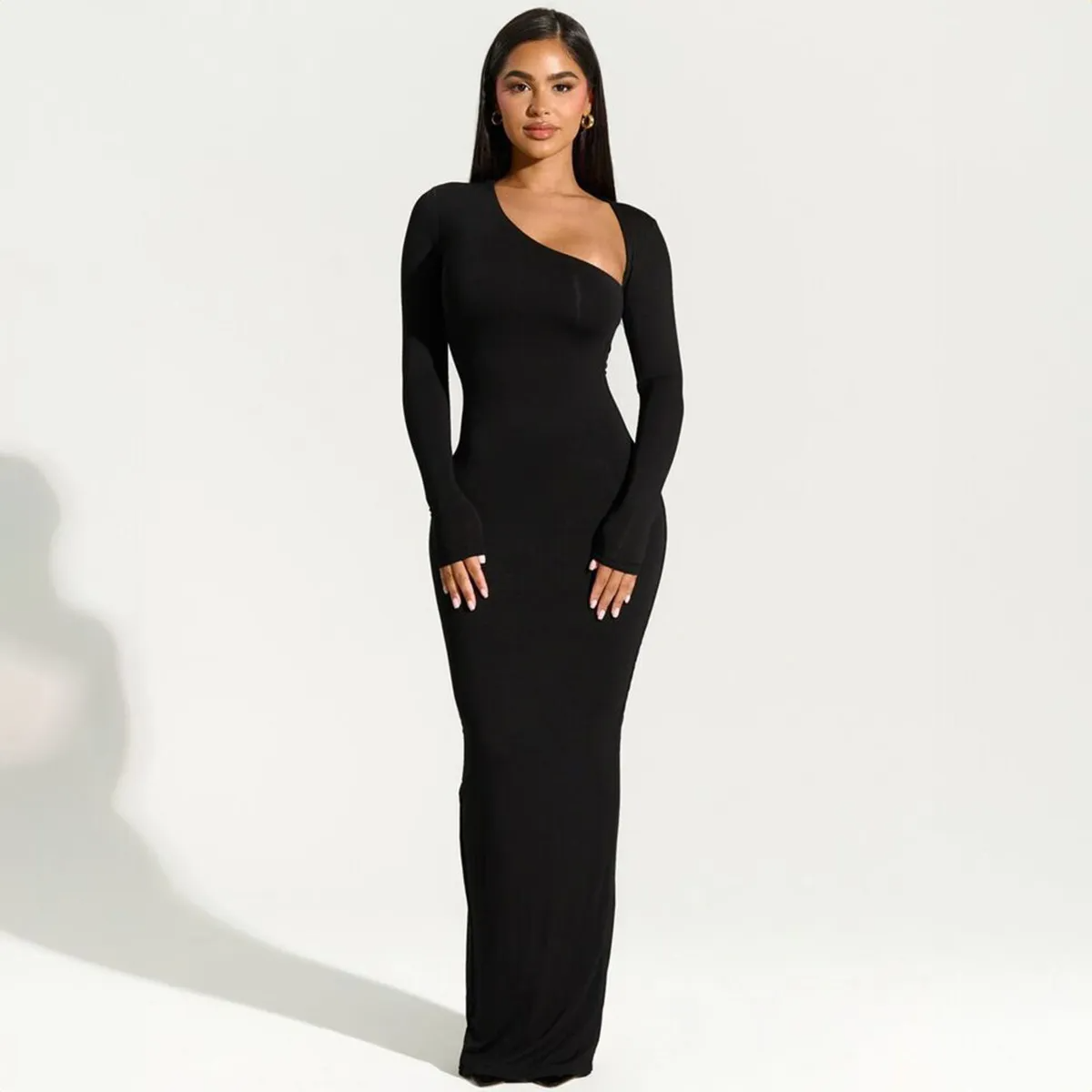 Vespera Asymmetrical Neck Long Sleeve Bodycon Maxi Dress maxi dress Castello Clothing Line