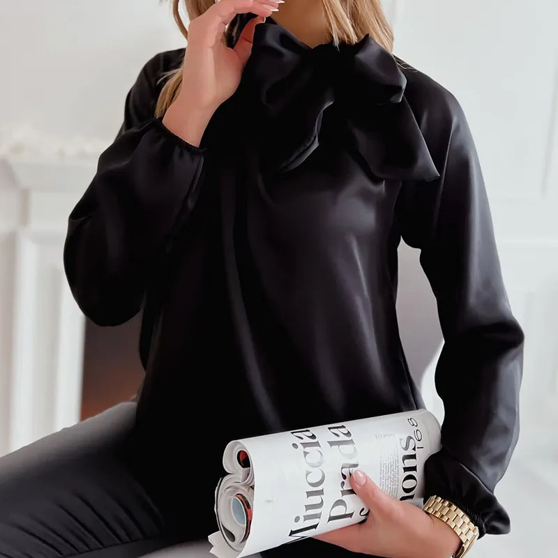 Charm Bow Tie Neck Pleated Long Sleeve Satin Blouse Castello Clothing Line