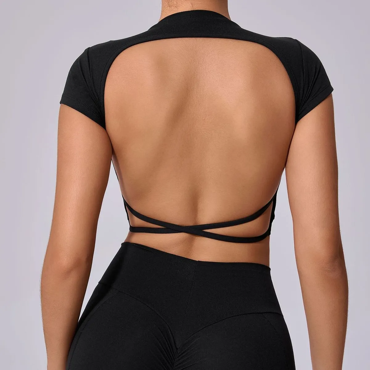 Iona Short Sleeve Open-Back Strappy Crop Top workout tops and t-shirts Castello Clothing Line