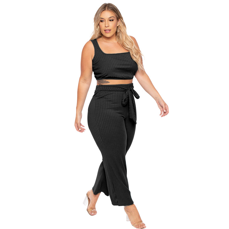 Plus Size Ribbed Crop Top & High Waist Pants Set Castello Clothing Line