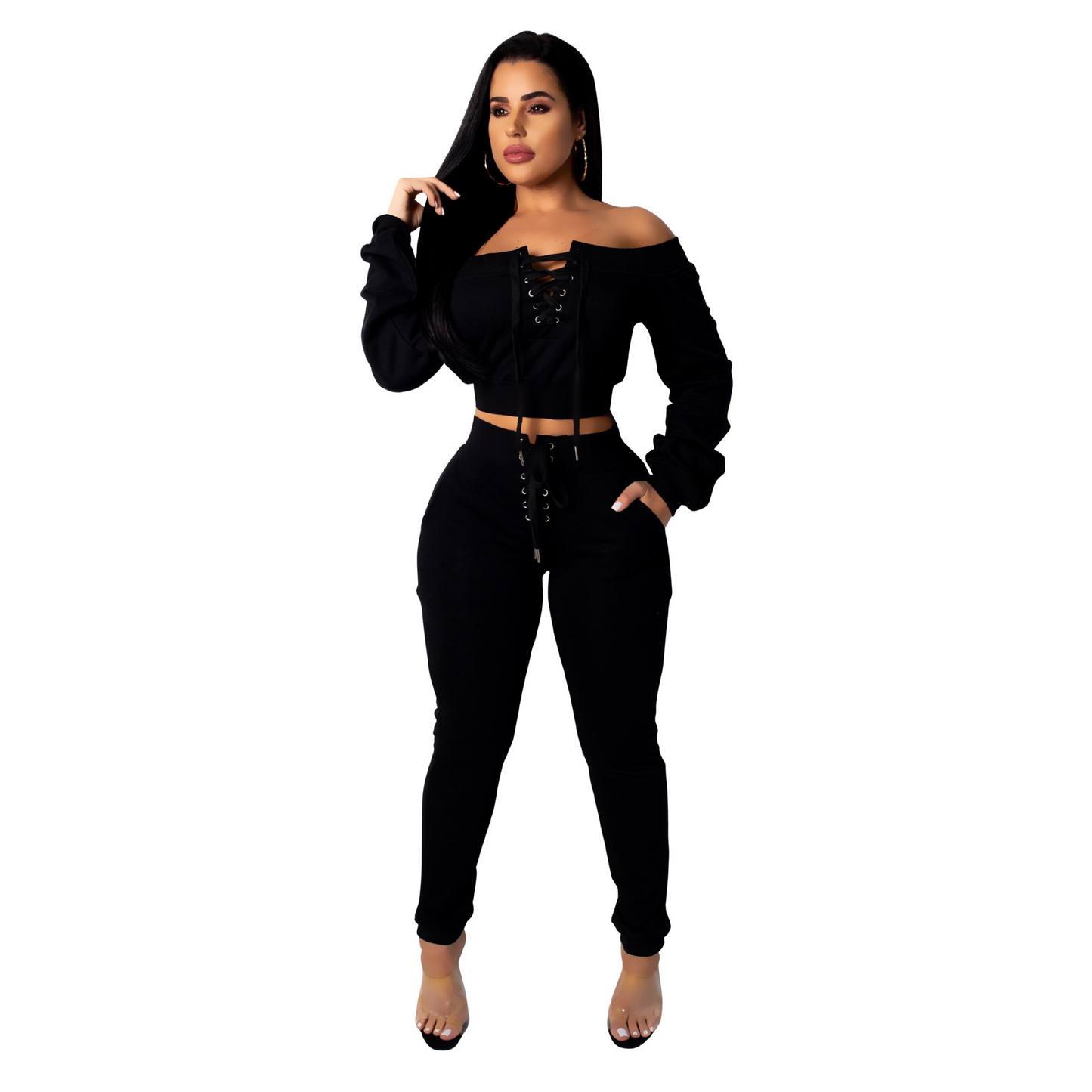 Flirt Lace-Up Off Shoulder Jogger Lounge Set Castello Clothing Line
