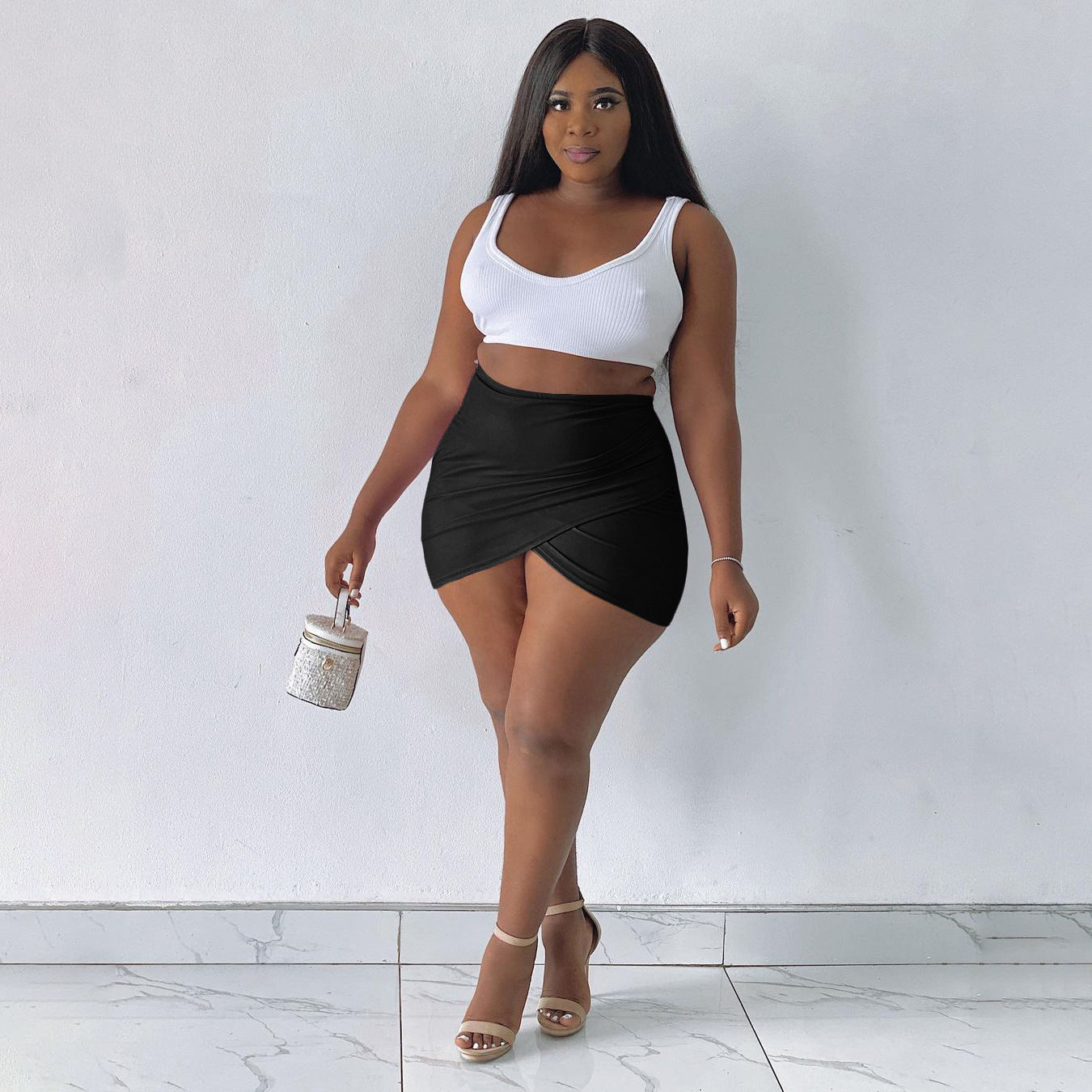 High Waist Mini Wrap Skirt - Slim Fit & Ultra Short - Polyester/Spandex Castello Clothing Line