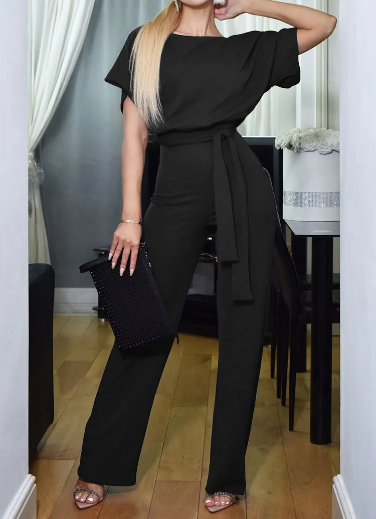 Kaylee Short-Sleeve Belted Wide-Leg Jumpsuit Castello Clothing Line