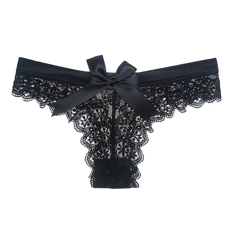 Lace T-Back Thong Panty with Satin Trim and Bow Detail - Lace/Spandex/Satin Fabric Castello Clothing Line