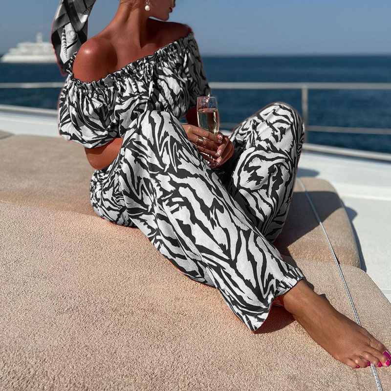 Off Shoulder Crop Top & Pants Set in Polyester Castello Clothing Line