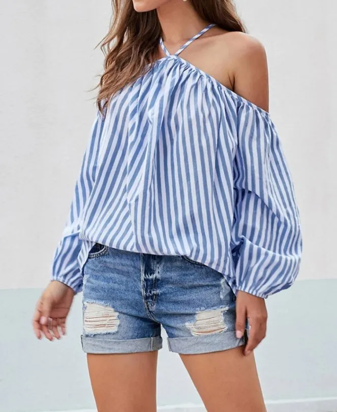 Barely Basic Striped Halter Off-Shoulder Balloon Sleeve Top Castello Clothing Line