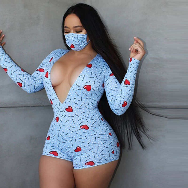 Heartbreaker Plunge Long-Sleeve Printed Romper Castello Clothing Line