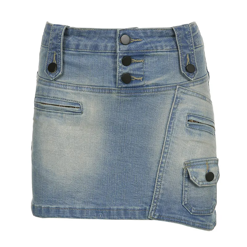 Buckle Up Asymmetrical Denim Mini Skirt Castello Clothing Line
