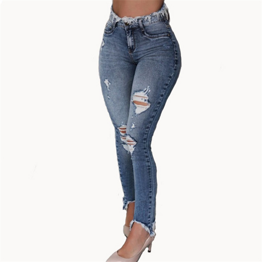 High Waist Raw Hem Skinny Jeans - Slim Fit, Zip Up Fly, Pocket Detail  Castello Clothing Line