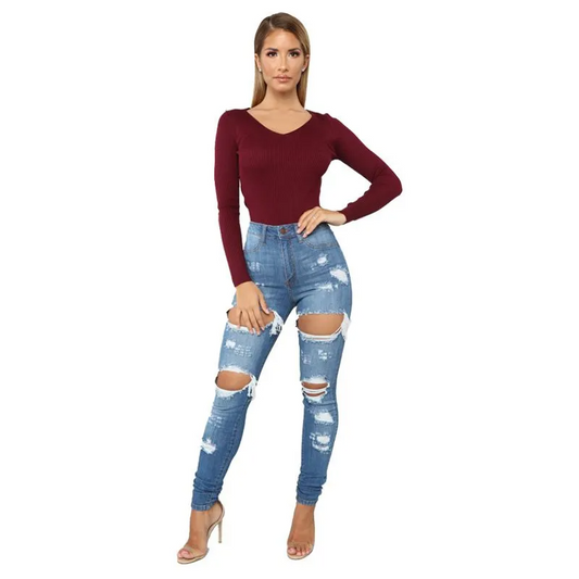 High Waist Ripped Skinny Jeans  Castello Clothing Line