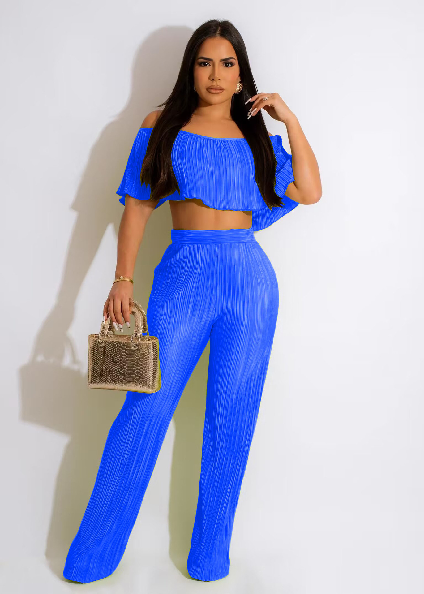 Off Shoulder Ruffled Crop Top & High Waisted Wide Leg Pants Set Castello Clothing Line