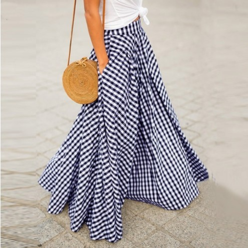 High Waist Plaid Maxi Skirt with Pockets Castello Clothing Line
