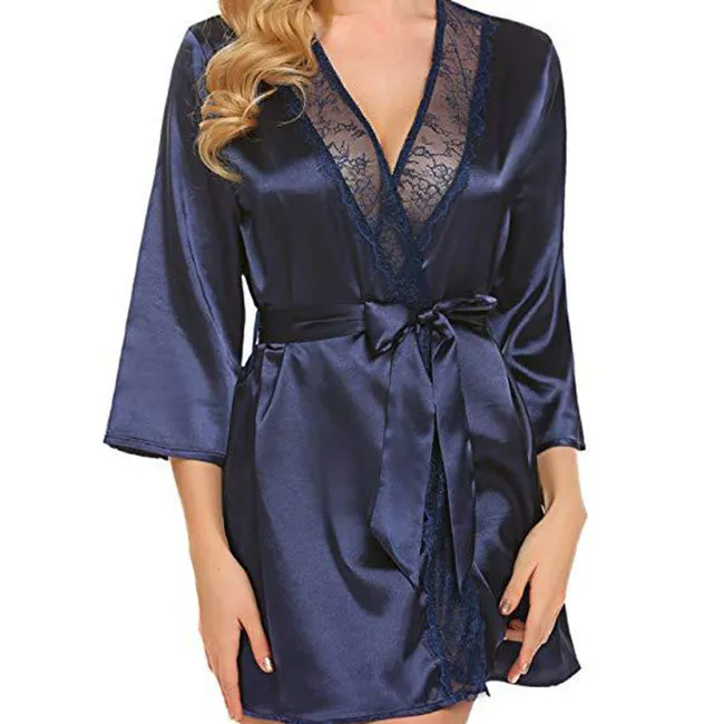 Ruby Glow Lace-Trim Satin Wrap Robe Castello Clothing Line