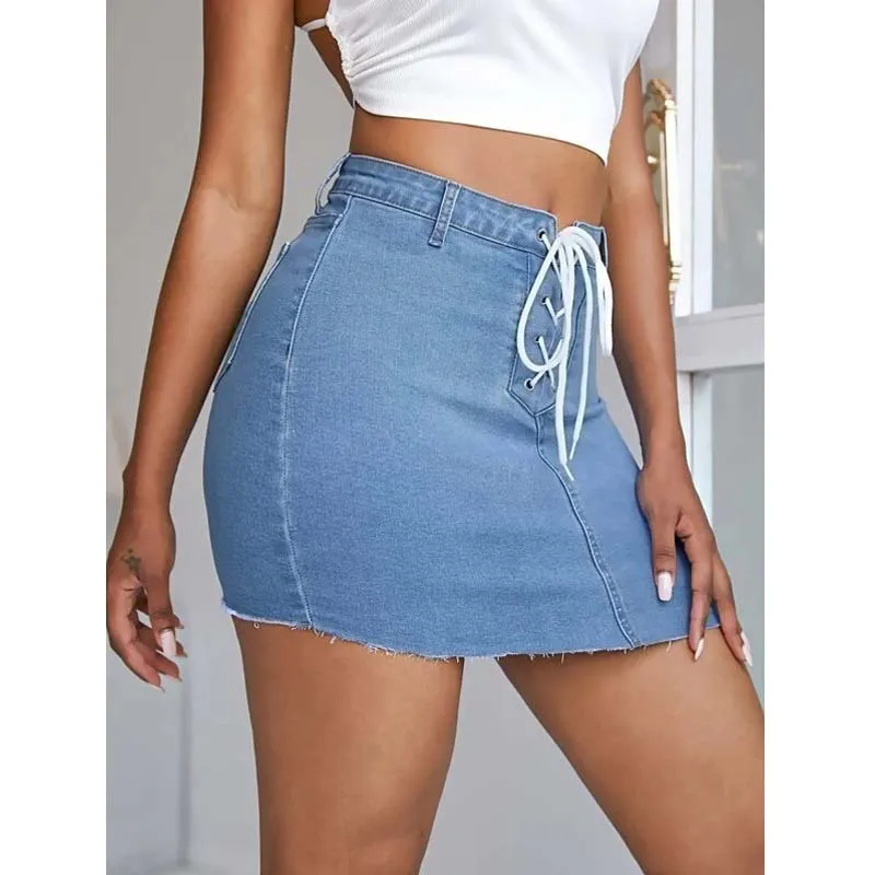 Laced Up & Ready Denim Mini Skirt Castello Clothing Line