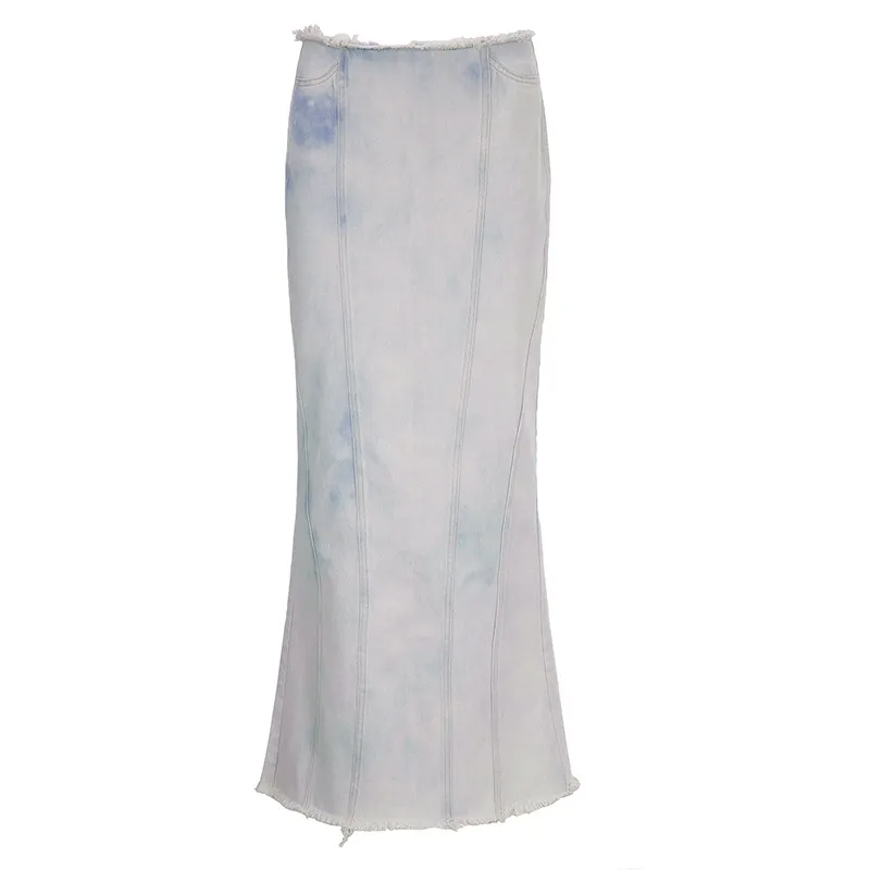 Fray the Night Distressed Denim Maxi Skirt Castello Clothing Line