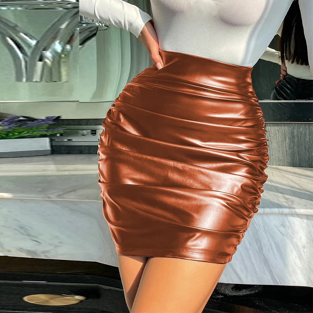 High Waist Ruched Leather Mini Skirt Castello Clothing Line