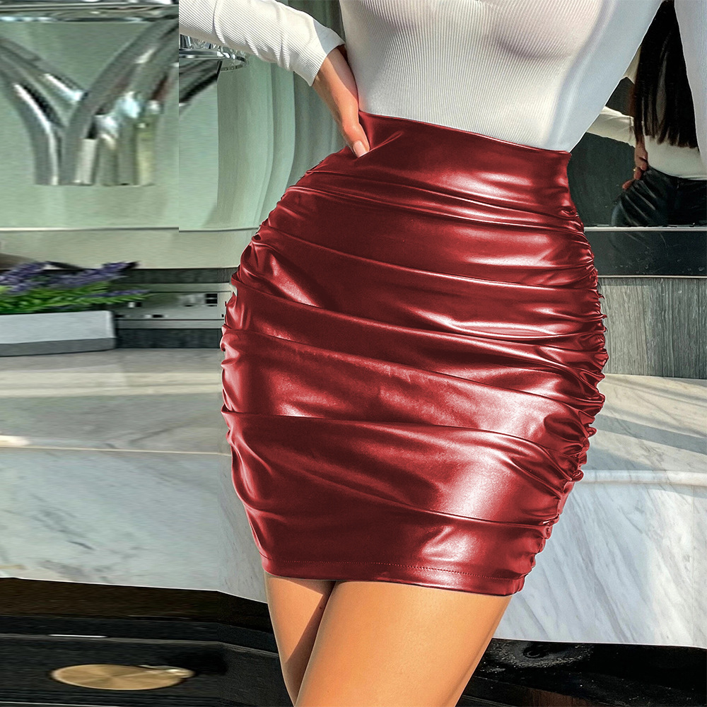 High Waist Ruched Leather Mini Skirt Castello Clothing Line