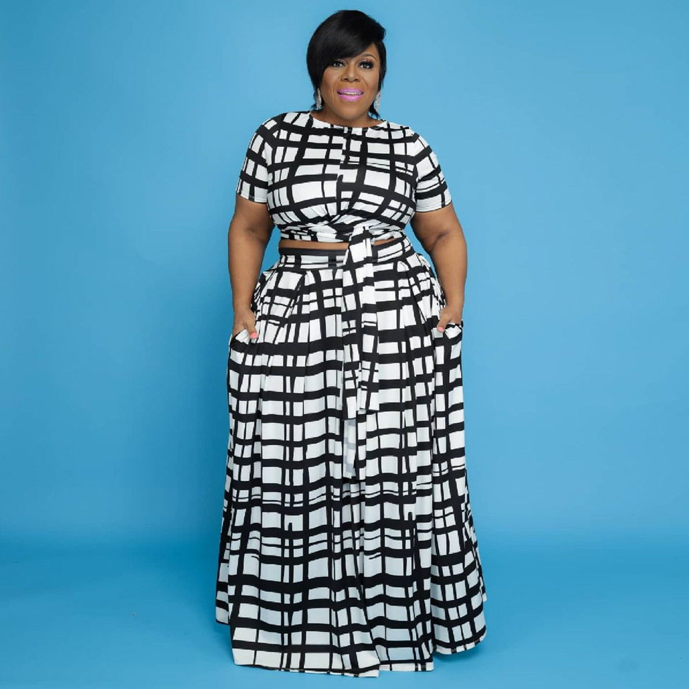 Plus Size Polyester Tie Blouse & Maxi Skirt 2-Piece Set Castello Clothing Line