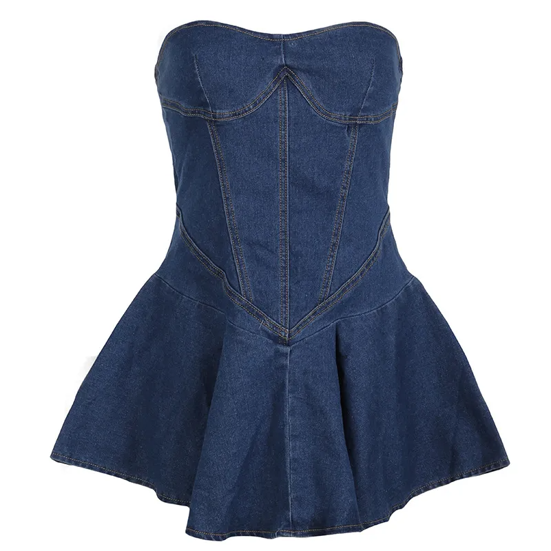 Imani Strapless Corset Flared Denim Mini Dress Castello Clothing Line