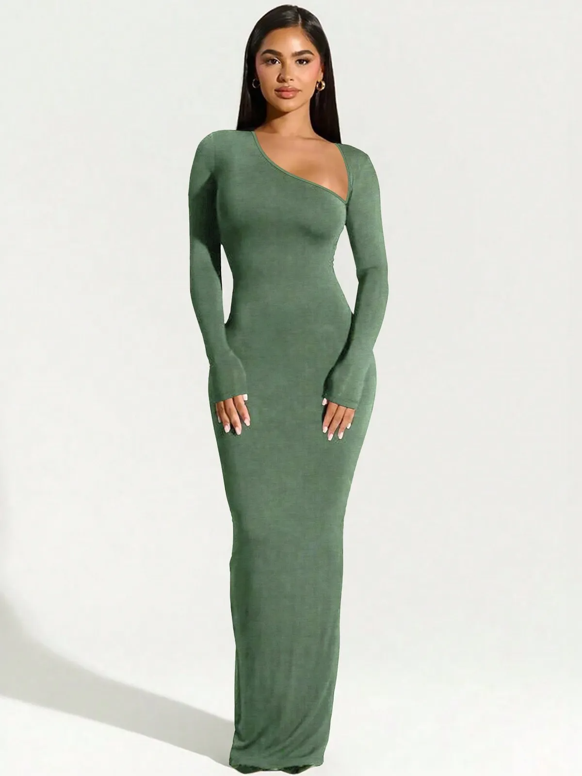 Vespera Asymmetrical Neck Long Sleeve Bodycon Maxi Dress maxi dress Castello Clothing Line