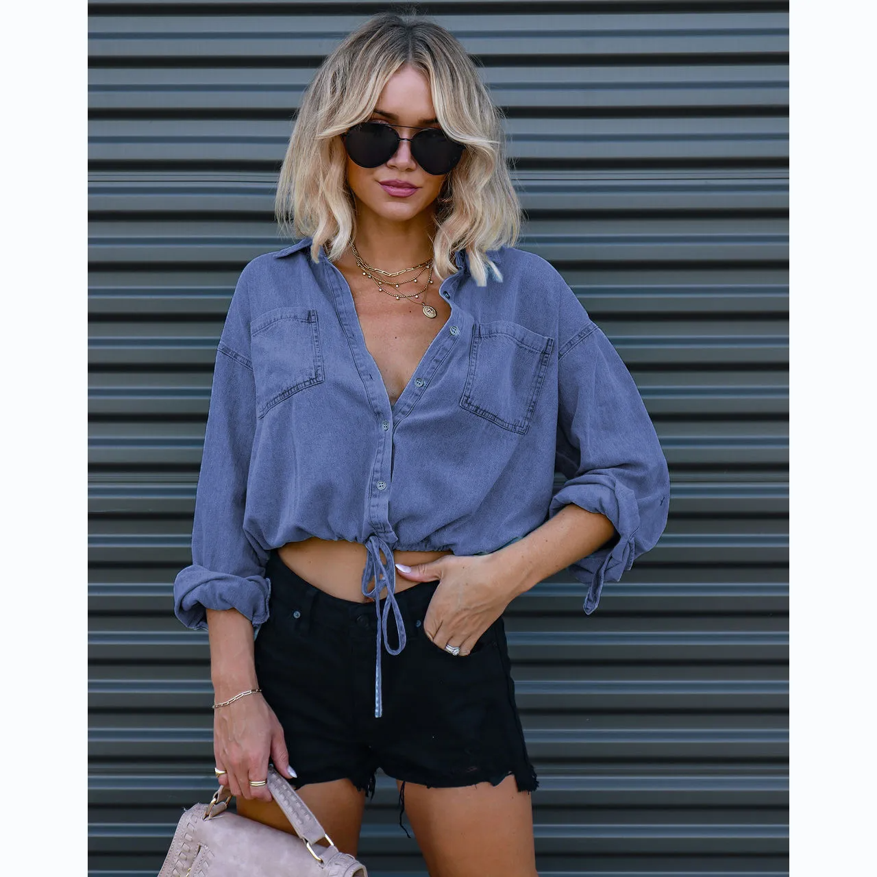 Casual Tease Button-Up Long Sleeve Denim Crop Top Castello Clothing Line