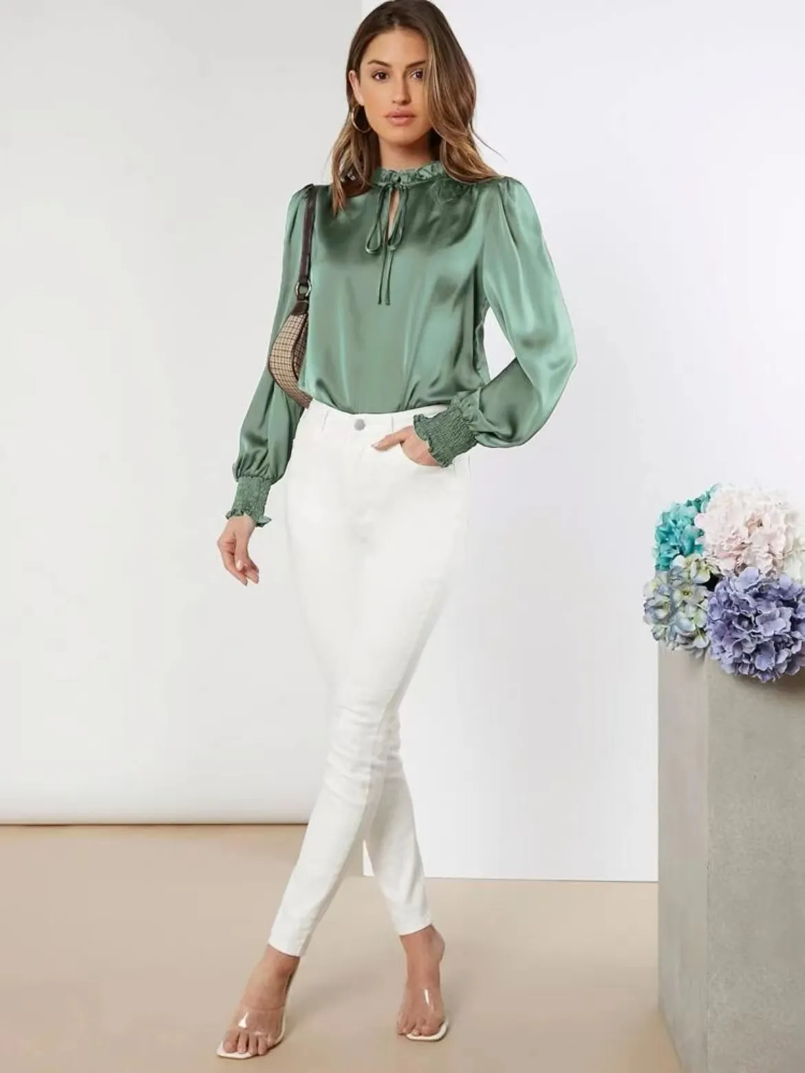 Charmette Ruffle Tie-Neck Long Sleeve Blouse Castello Clothing Line