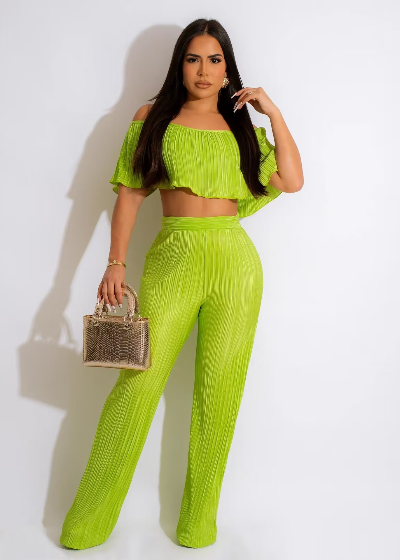 Off Shoulder Ruffled Crop Top & High Waisted Wide Leg Pants Set Castello Clothing Line