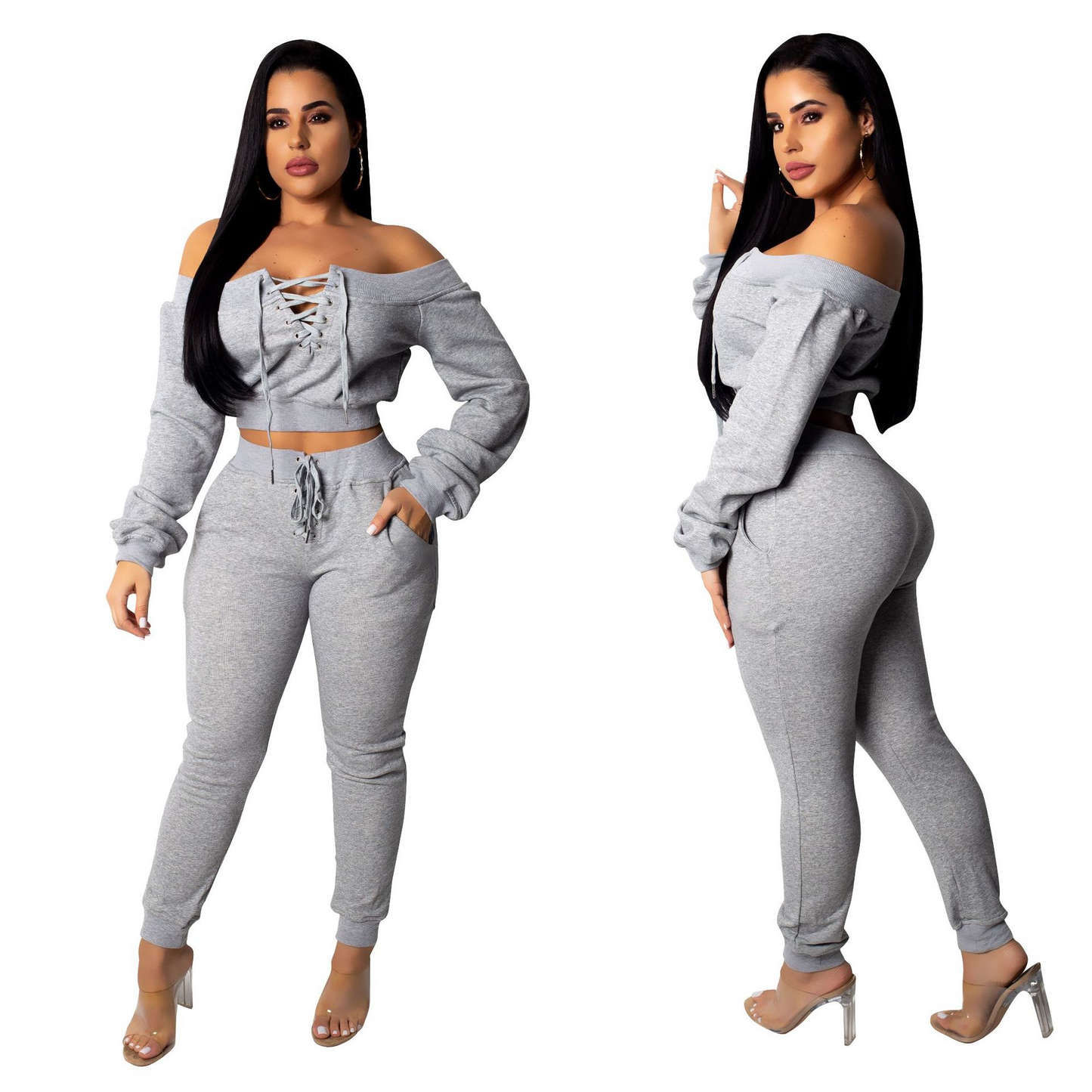 Flirt Lace-Up Off Shoulder Jogger Lounge Set Castello Clothing Line