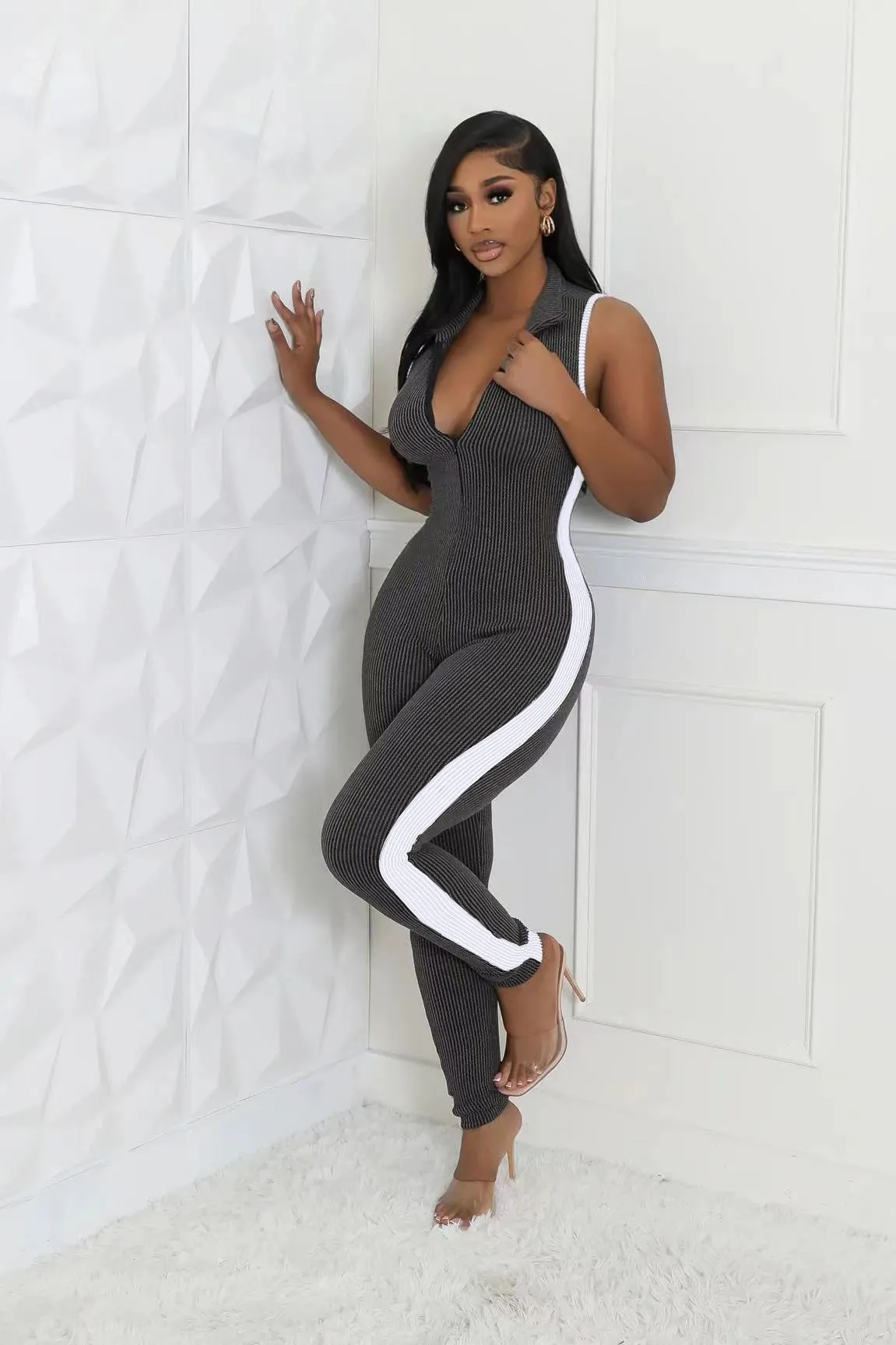 Kiki Sleeveless Ribbed Bodycon Zip-Up Jumpsuit women jumpsuits Castello Clothing Line