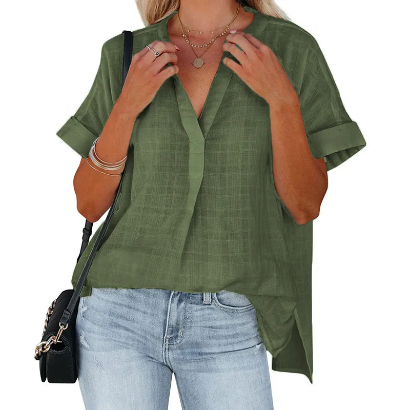 Reign Short Sleeve Textured Split V-Neck Blouse Castello Clothing Line