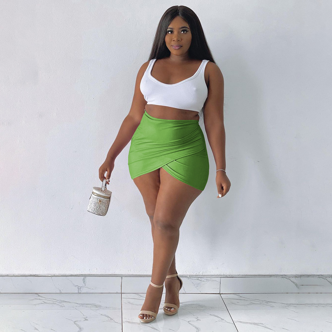 High Waist Mini Wrap Skirt - Slim Fit & Ultra Short - Polyester/Spandex Castello Clothing Line