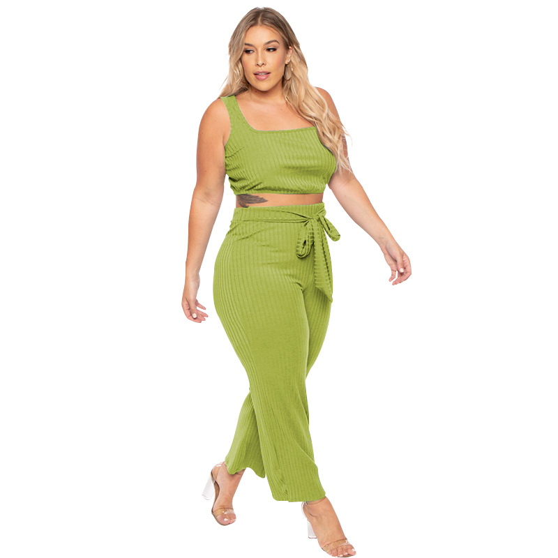 Plus Size Ribbed Crop Top & High Waist Pants Set Castello Clothing Line