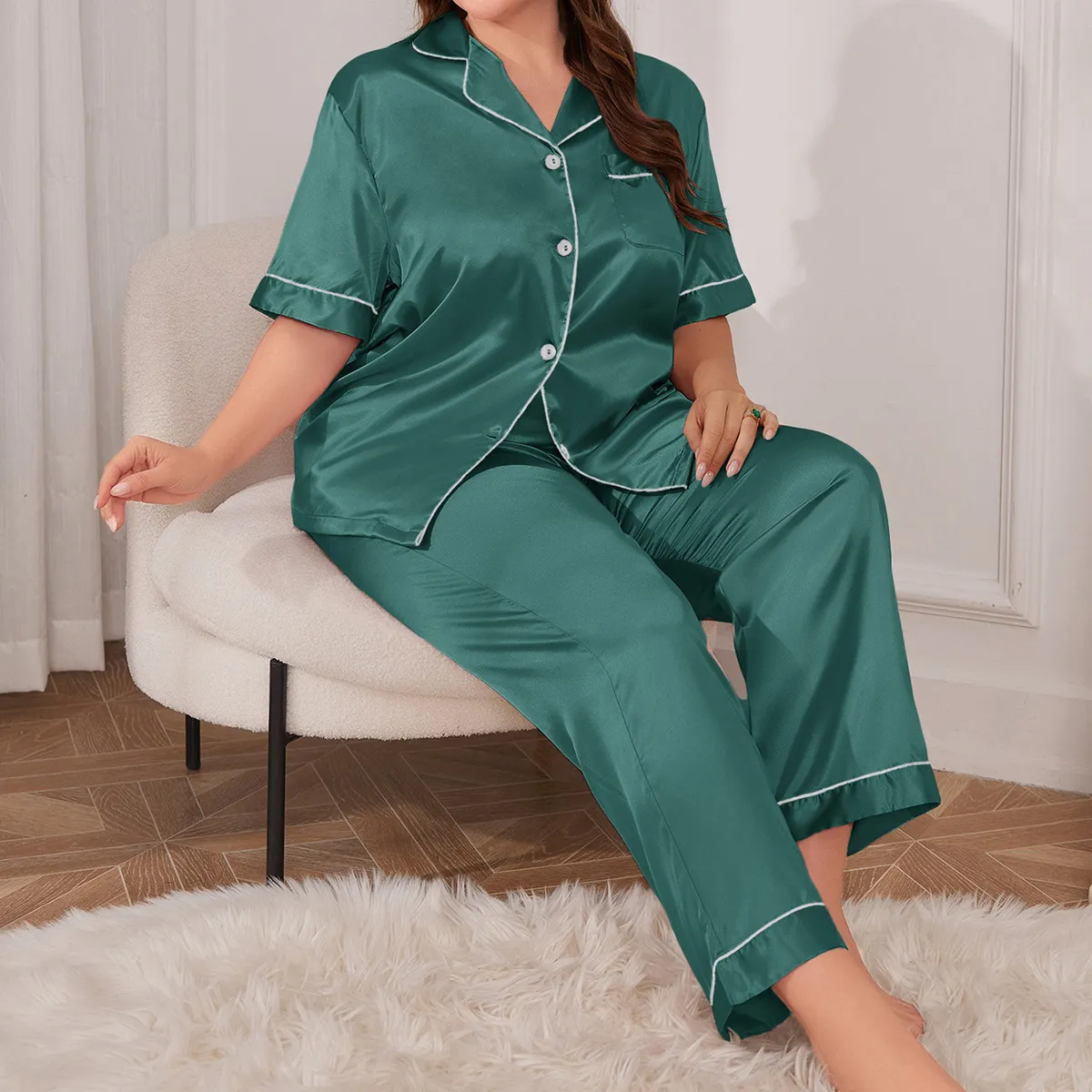 Moonlit Harmony Satin Button-Down Lounge Pants Set Castello Clothing Line