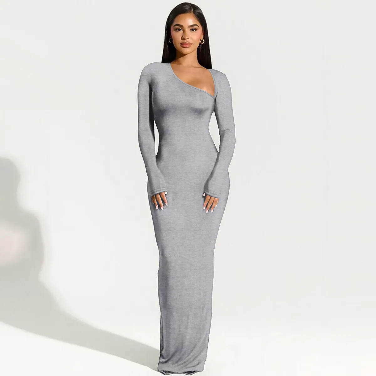 Vespera Asymmetrical Neck Long Sleeve Bodycon Maxi Dress maxi dress Castello Clothing Line