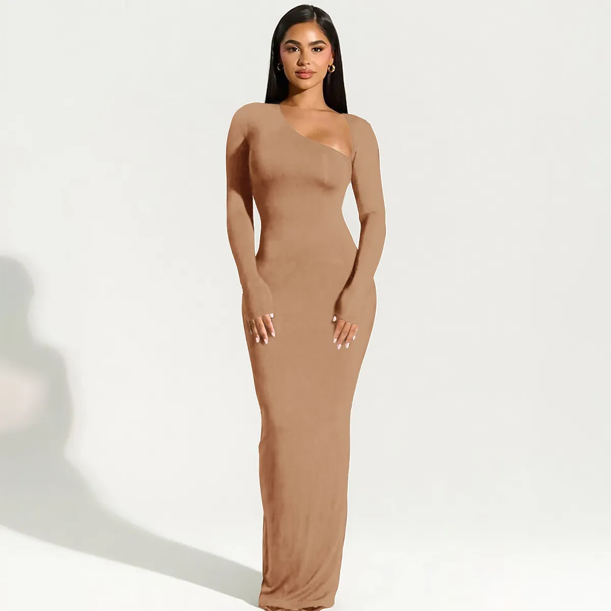 Vespera Asymmetrical Neck Long Sleeve Bodycon Maxi Dress maxi dress Castello Clothing Line