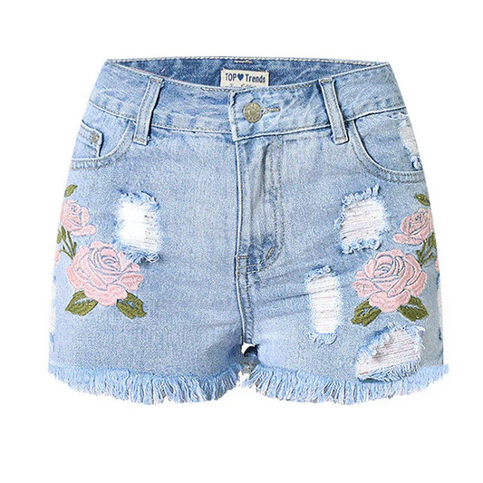 BloomEdge High-Rise Floral Embroidered Jean Shorts  Castello Clothing Line