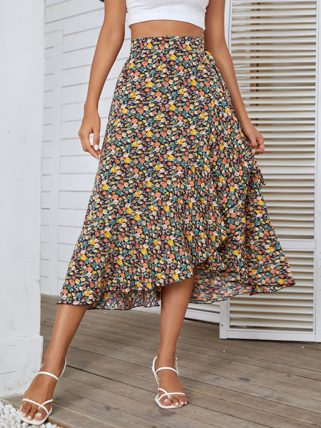 High Waist Floral Ruffle Wrap Skirt - Elegant and Trendy Midi Skirt with Chic Flower Print, Side Tie - Polyester/Spandex Blend Castello Clothing Line