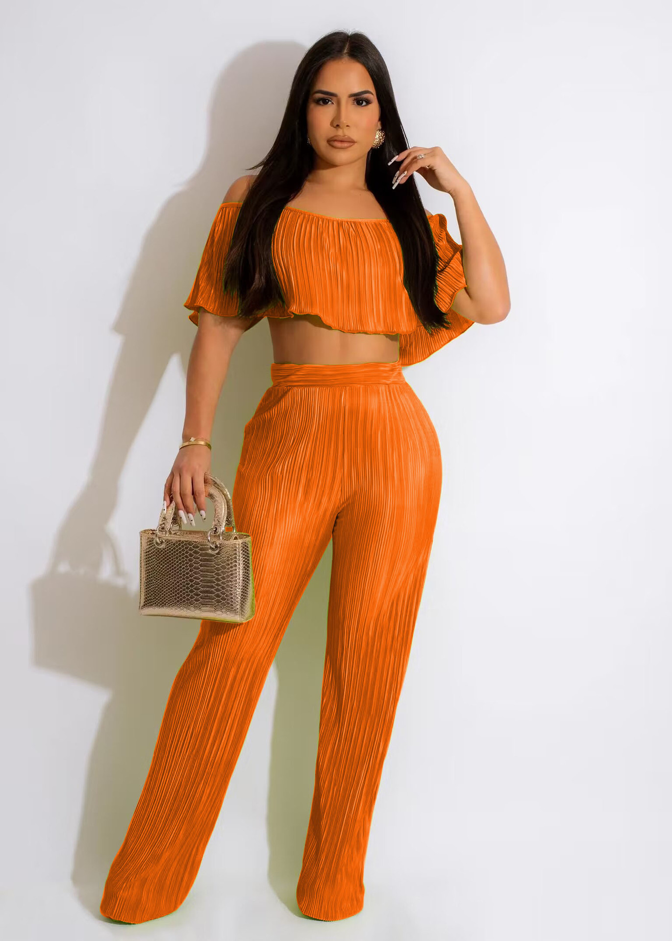 Off Shoulder Ruffled Crop Top & High Waisted Wide Leg Pants Set Castello Clothing Line