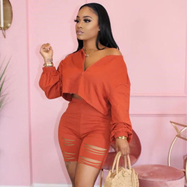 Flaire Distressed Long Sleeve Top & Cutout Shorts Set Castello Clothing Line
